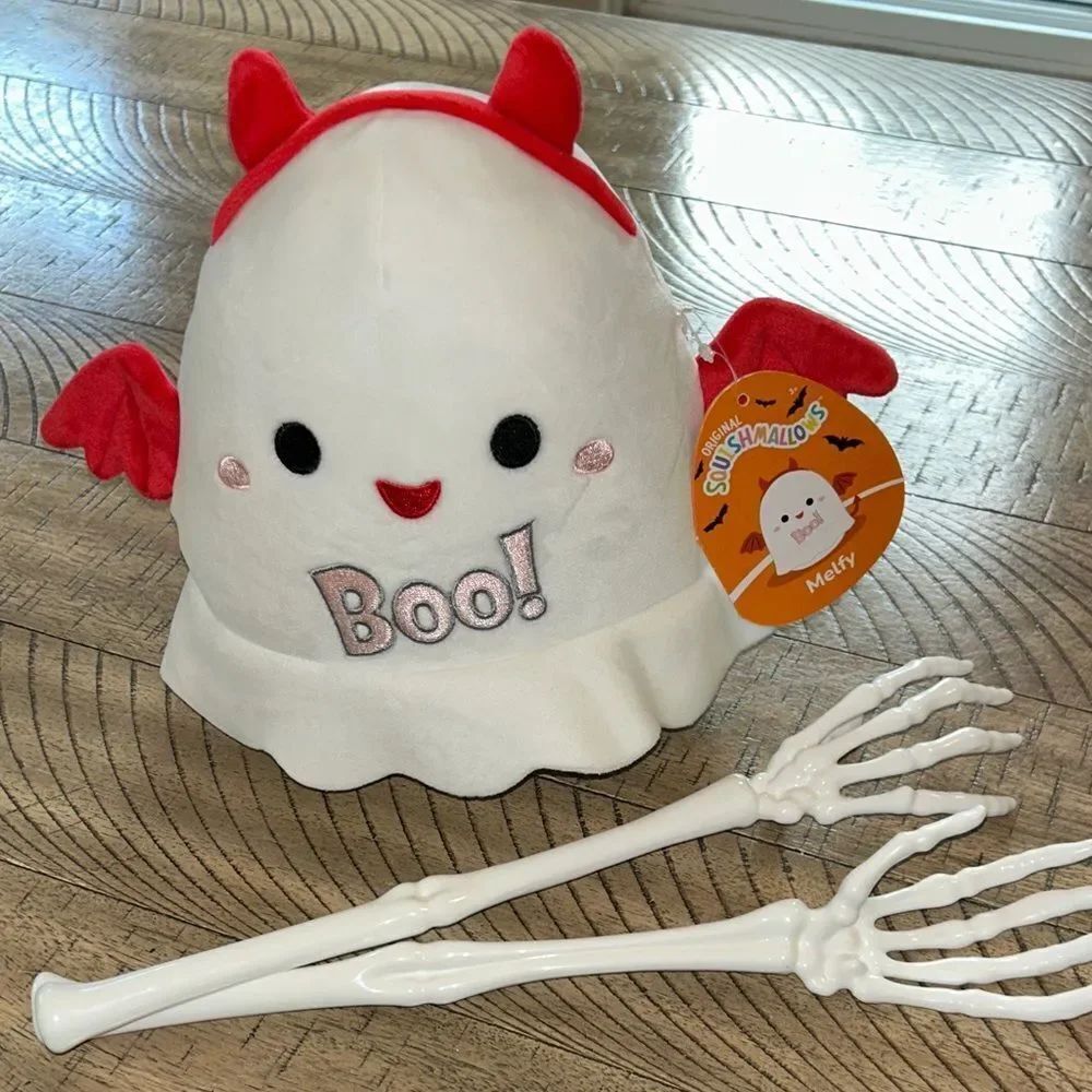 You little devil! Squishmallows Melfy Ghost with Red Horns and Wings cuddle me!